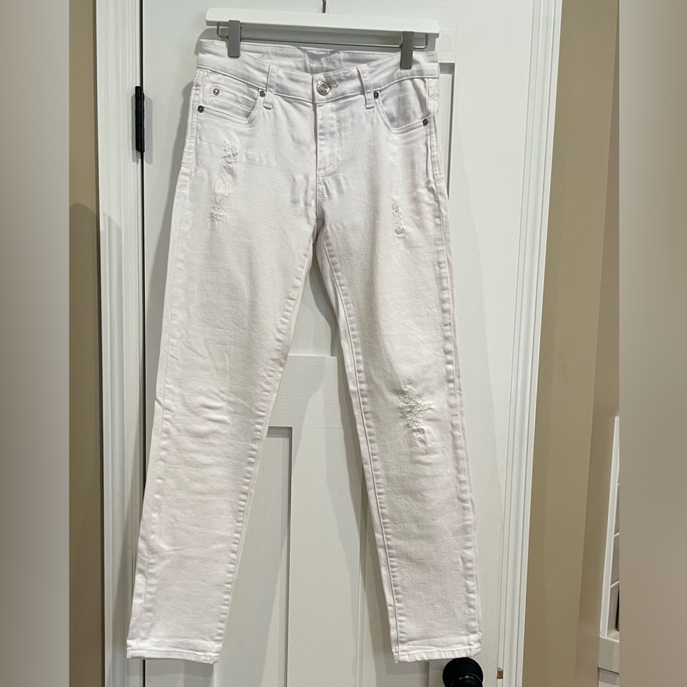 KUT from the Kloth stretch, skinny, distressed, clean hem, mid waist jean.